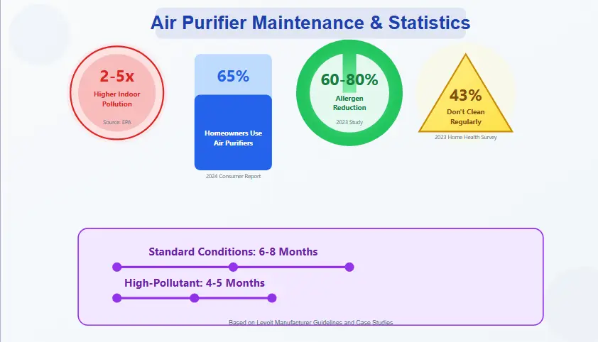 Air Purifier Maintenance & Statistics' with a light gradient background. The information is presented in four main visual sections and a timeline:
Top Left: A red circular diagram showing indoor air pollution is 2-5 times higher than outdoor air (EPA data).
Top Center-Left: A blue vertical bar chart illustrating that 65% of homeowners use air purifiers (2024 Consumer Report).
Top Center-Right: A green donut chart displaying 60-80% allergen reduction with proper maintenance (2023 Study).
Top Right: A yellow warning triangle showing that 43% of users don't clean their purifiers regularly (2023 Home Health Survey).
Bottom Section: A purple timeline showing filter replacement intervals:

Standard Conditions: 6-8 months (shown with three connected dots)
High-Pollutant Environments: 4-5 months (shown with three connected dots)

The design uses a professional color scheme with gradients, decorative background elements, and clear typography. Each statistic includes its source attribution. The infographic maintains a clean, modern aesthetic with ample white space and consistent visual hierarchy.